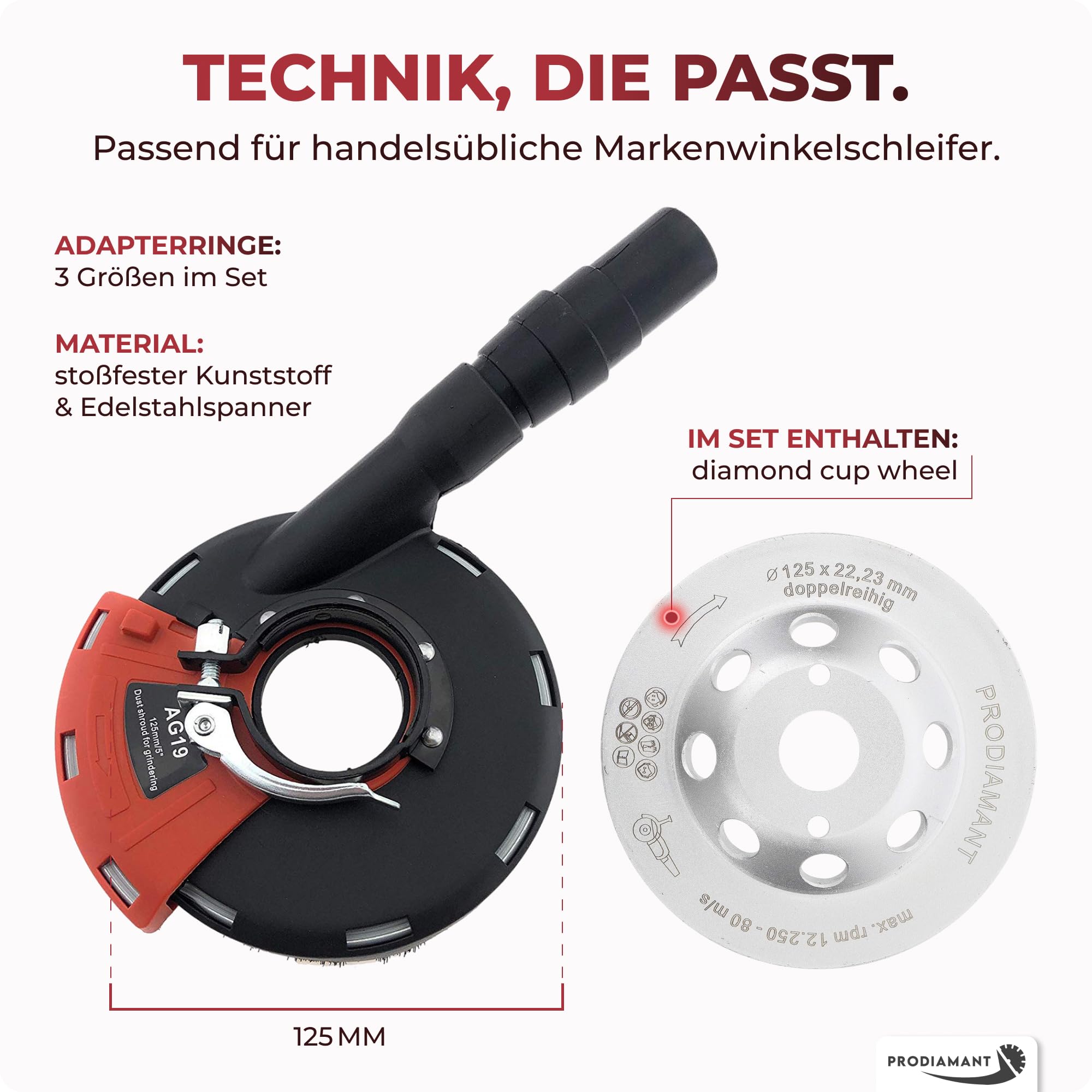PRODIAMANT® Absaughaube für Winkelschleifer [INKL. ADAPTERRINGE, SPANNSCHLÜSSEL & STAUBSAUGERADAPTER] - mit Bürstenkranz - Staubfreies Arbeiten - Premium-Werkzeug mit Diamant-Schleiftopf - 125mm