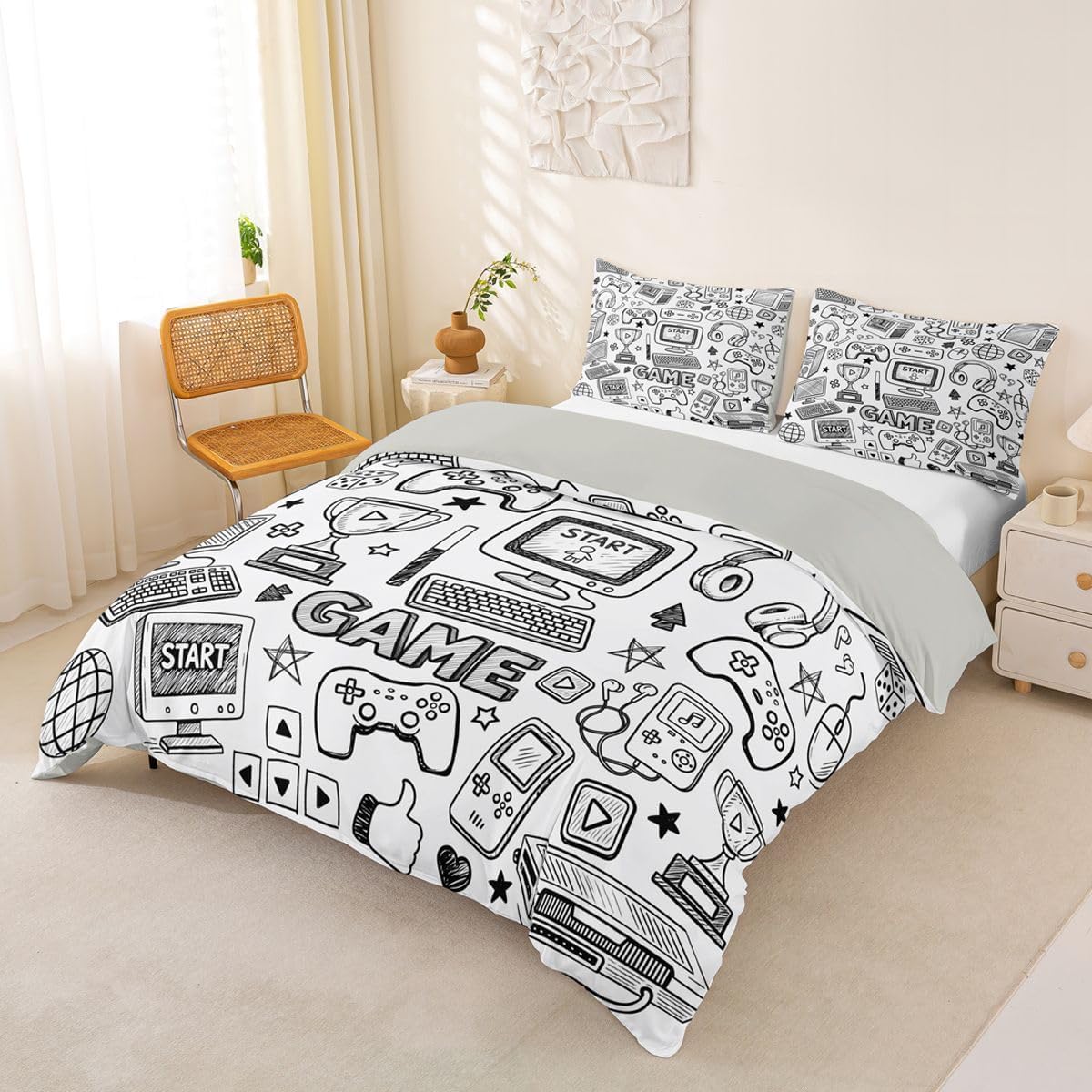 Feelyou Gamer Duvet Cover King Size Boys Girls Gaming Bedding Set Breathable Soft Video Game Comforter Cover 3Pcs Computer Game Bedroom Decor No Comforter Microfiber Zipper Closure