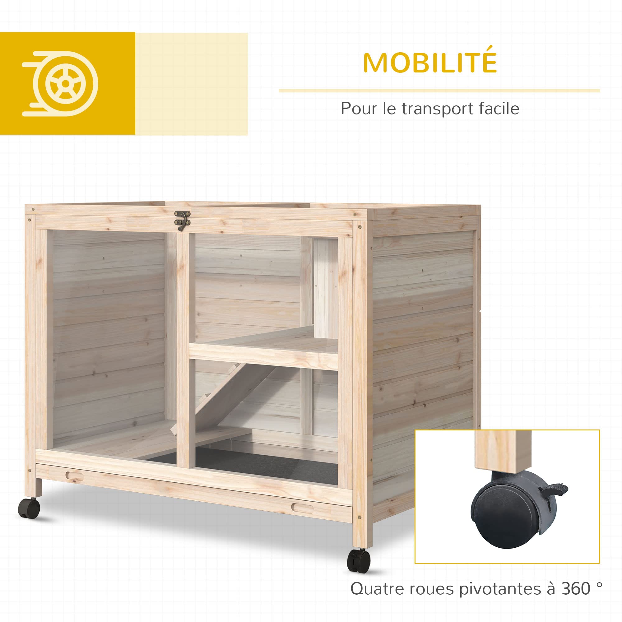 PawHut Cage à Lapin clapier sur roulettes Petit enclos Animaux en Bois Massif 2 étages Toit ouvrant Plates-Formes 91,5 x 53,3 x 73 cm Bois Naturel