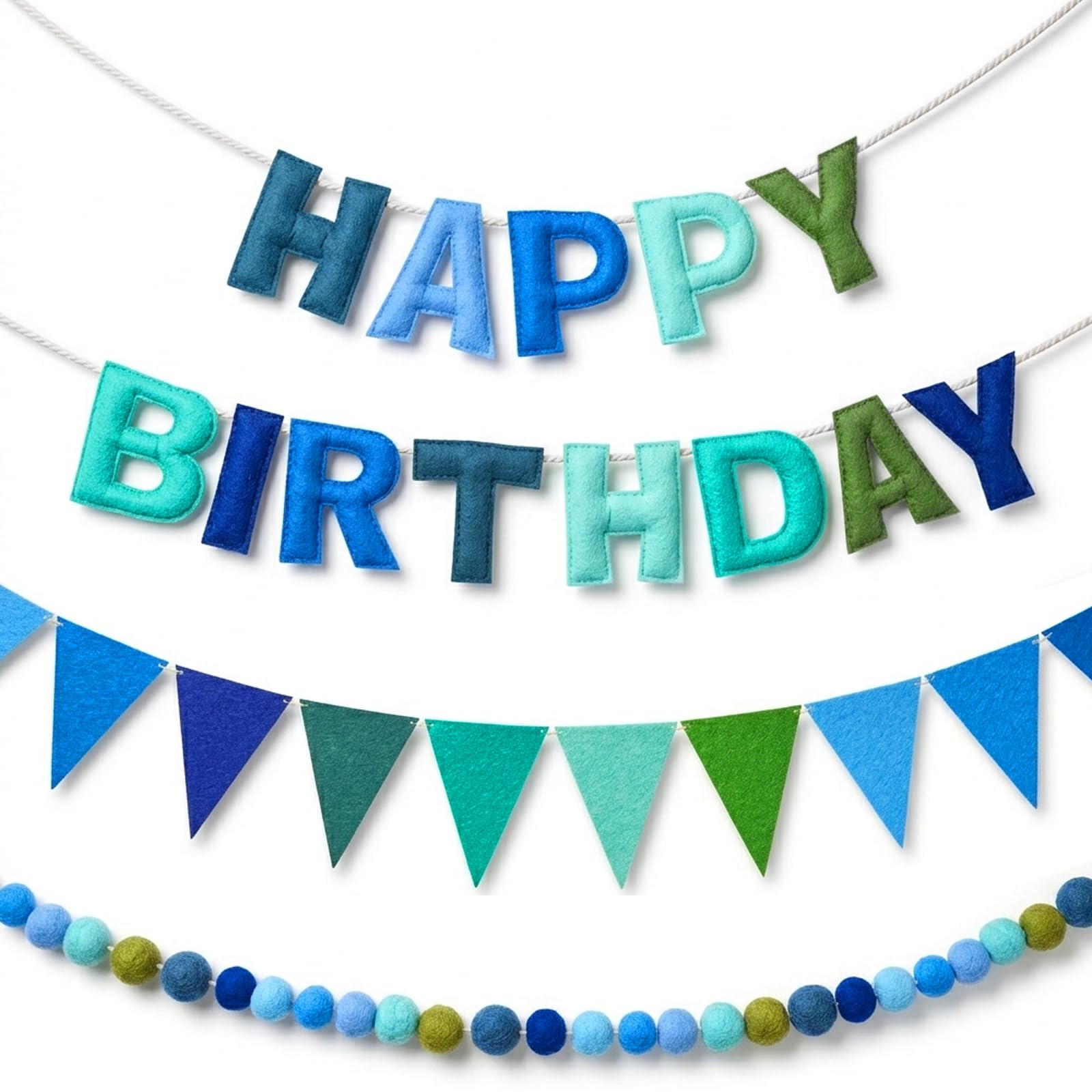 3Pcs Fabric Happy Birthday Banner, Blue Reusable Birthday Decorations, Ideal for Party Setup and Home Decor, Includes Letter Banner, Pennant Banner, and Ball Garland