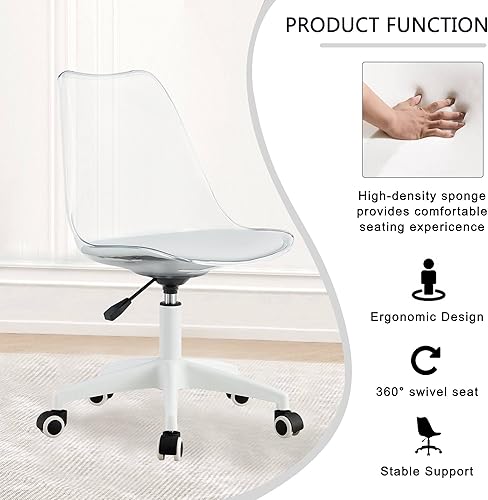 Miniatura 5 de Olela Silla de oficina de acrílico, moderna, de plástico, sin brazos, con ruedas, altura ajustable, giratoria de 360, sillas de computadora para