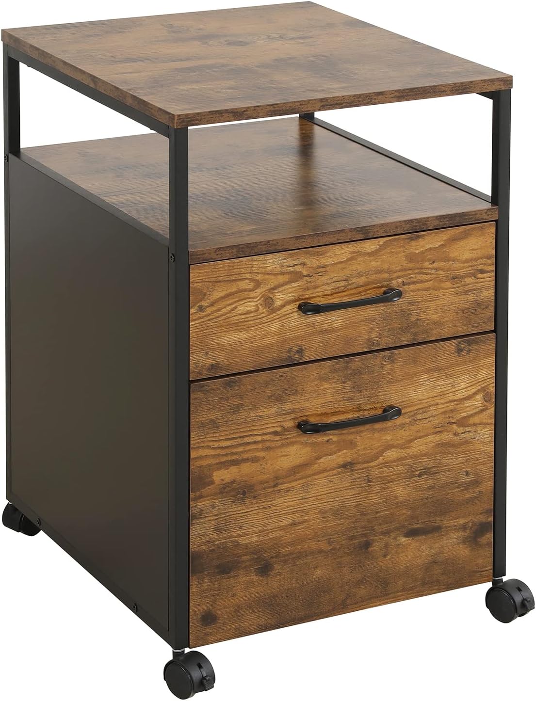2 Drawer Rolling File Cabinet, Mobile Office Cabinet on Wheels, Printer Stand,Open Shelf,Under Desk Filing Cabinet for A4/Letter File, Hanging File Folders, Industrial Style, Rustic Brown