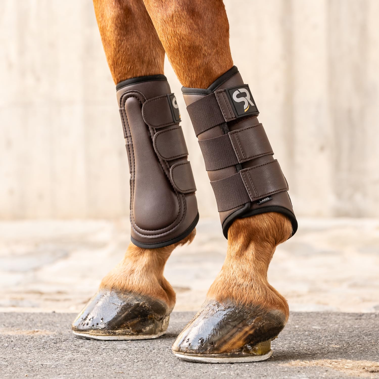SUNRIDE Protectores de Doma para Caballos (Set de 2) de Cuero sintético y Neopreno de Primera Calidad para protección contra Lesiones (S/26 cm, marrón)