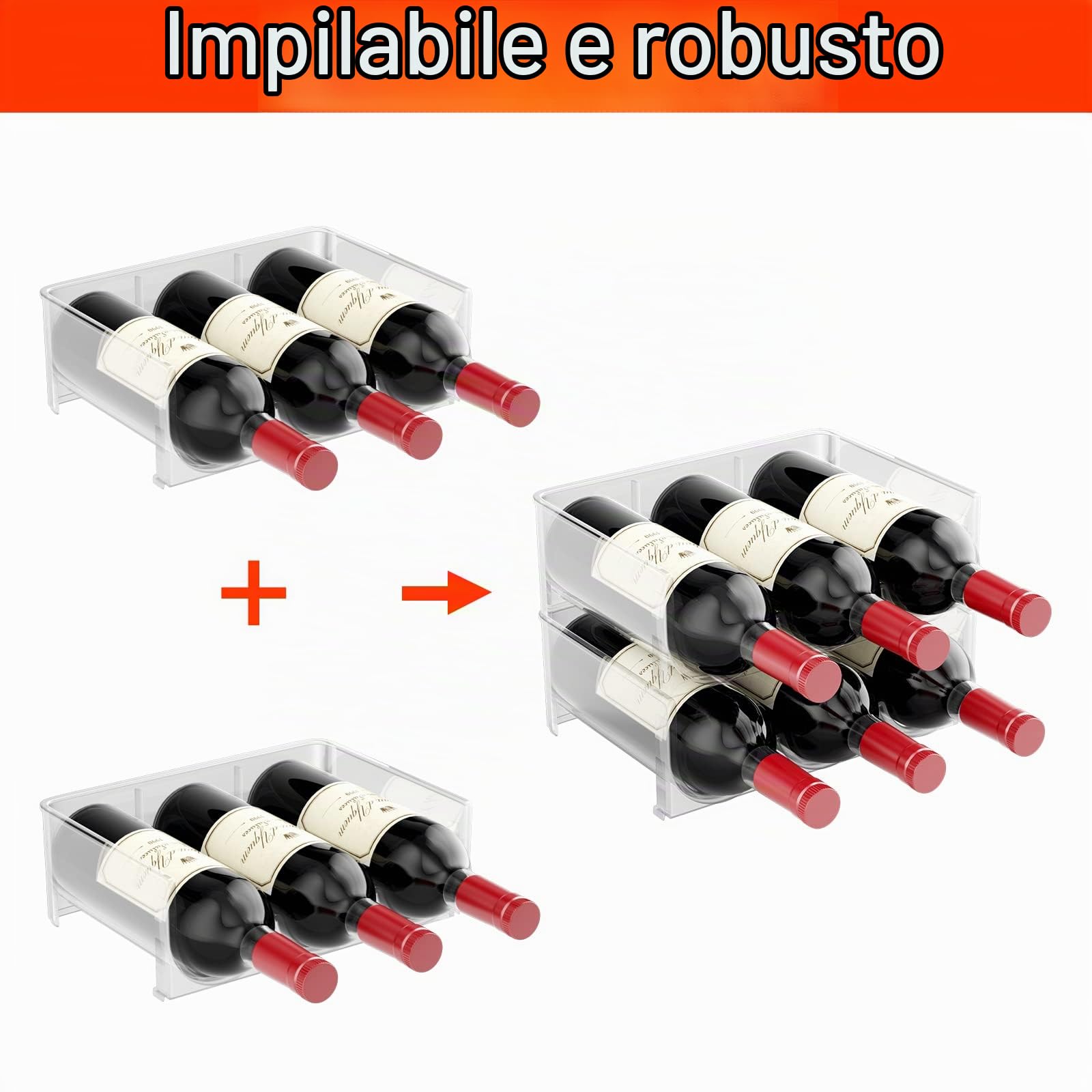 Relota Set di 2 bottiglie per vino, porta bottiglia frigo, porta vino impilabile, bottiglia in polistirene, contenitore per bottiglie verticali, può contenere fino a 6 bottiglie, adatto per armadietti