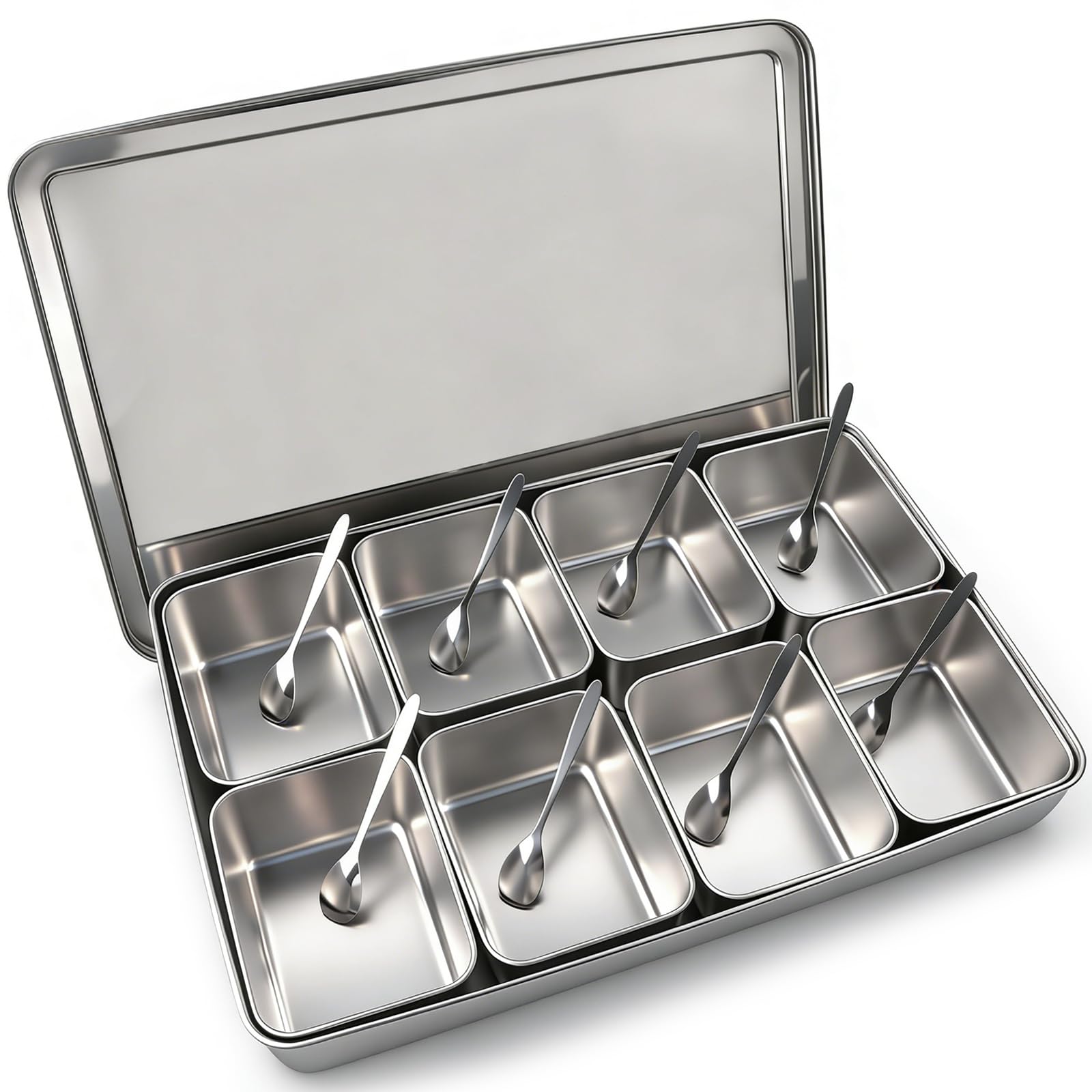Scatola per Spezie con 8 Griglie, Scatola di Condimento per Pizza in Acciaio Inox Estraibili con Coperchio e Cucchiai, Portacondimenti per la Cucina di Casa, per Conservare Pepe, Sale e Zucchero