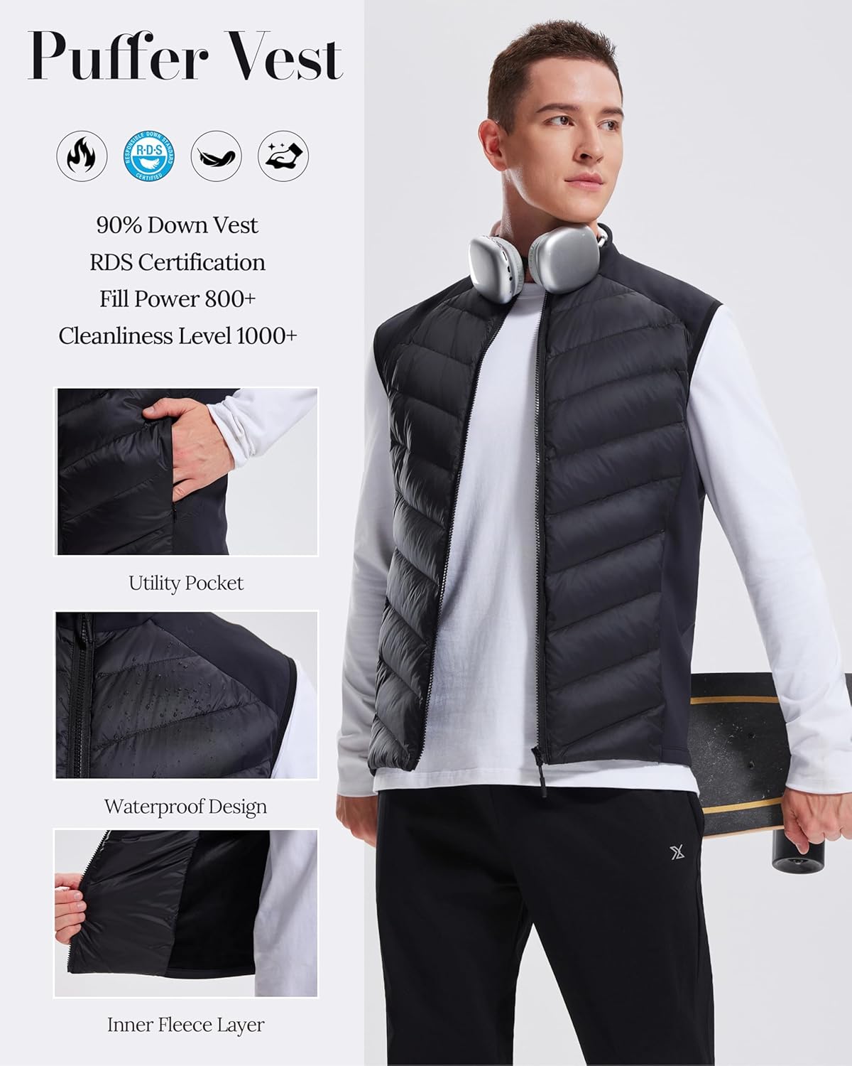 AFZ Men's Lightweight Puffer Vest 800FP Winter Down Vest Sleeveless Quilted Water Resistant Running Jacket with Pockets - Image 4