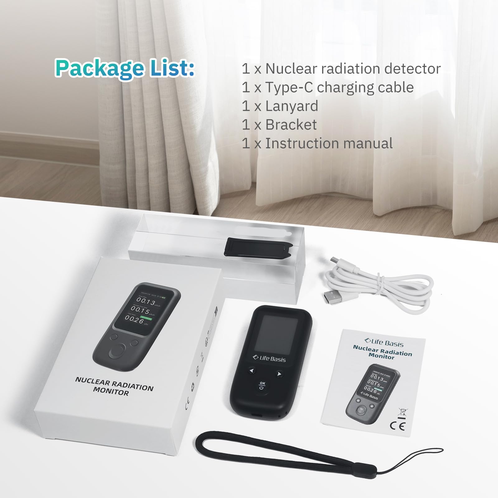 LifeBasis Geiger Counter Nuclear Radiation Detector, Radiation Dosimeter with TFT Display and Smart Alert Rechargeable Beta Gamma X-ray Radiation Monitor - with Lanyard and Bracket