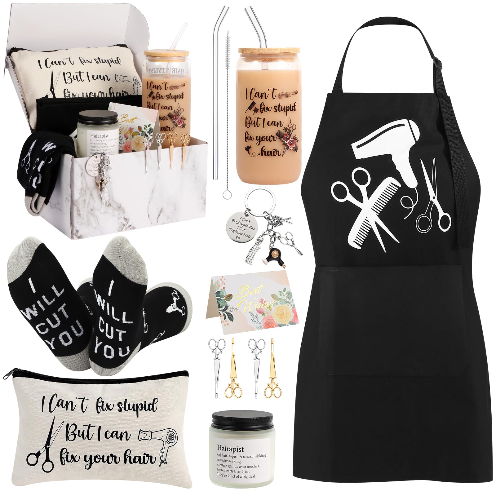 10 Pieces Hairdresser Gifts Set for Women Hair Stylist Appreciation Gift Set with Tumbler,Socks,Makeup Bag,Keychain,Candle,Scissor Hair Clips,Apron,Greeting Card (Glass Cup)-image-48