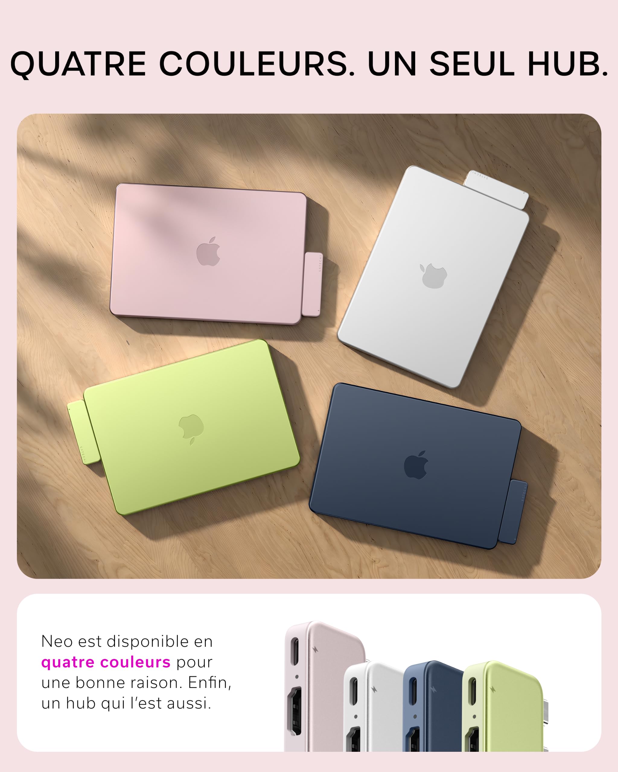SATECHI Snap Hub USB C 6 en 2 pour MacBook Neo, Charge 45W, Rose Poudré | Conçu pour MacBook Neo avec double connecteur intégré, 4K@60Hz, lecteurs SD/microSD, USB-A et USB-C 5Gbps