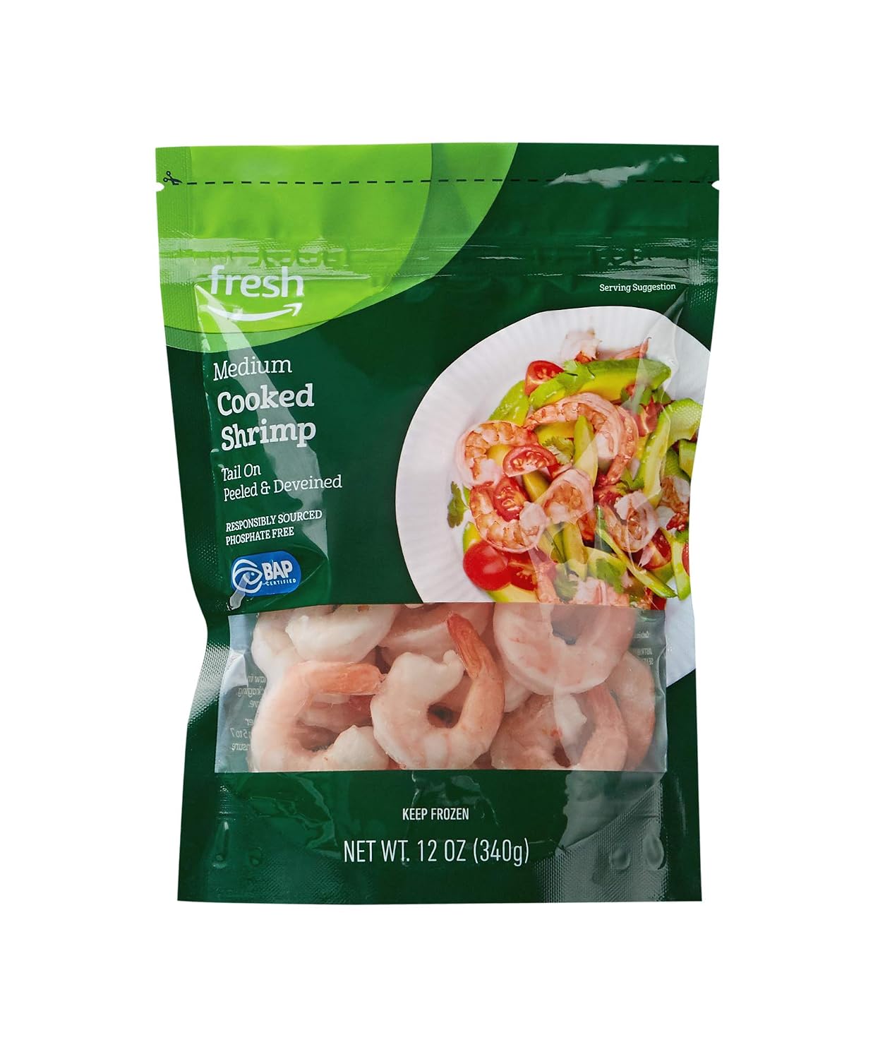 Fresh Brand – Cooked Medium Peeled & Deveined Tail On Shrimp (41-50 Count/Pound), 12 oz (Frozen), Responsibly Sourced, Phosphate Free