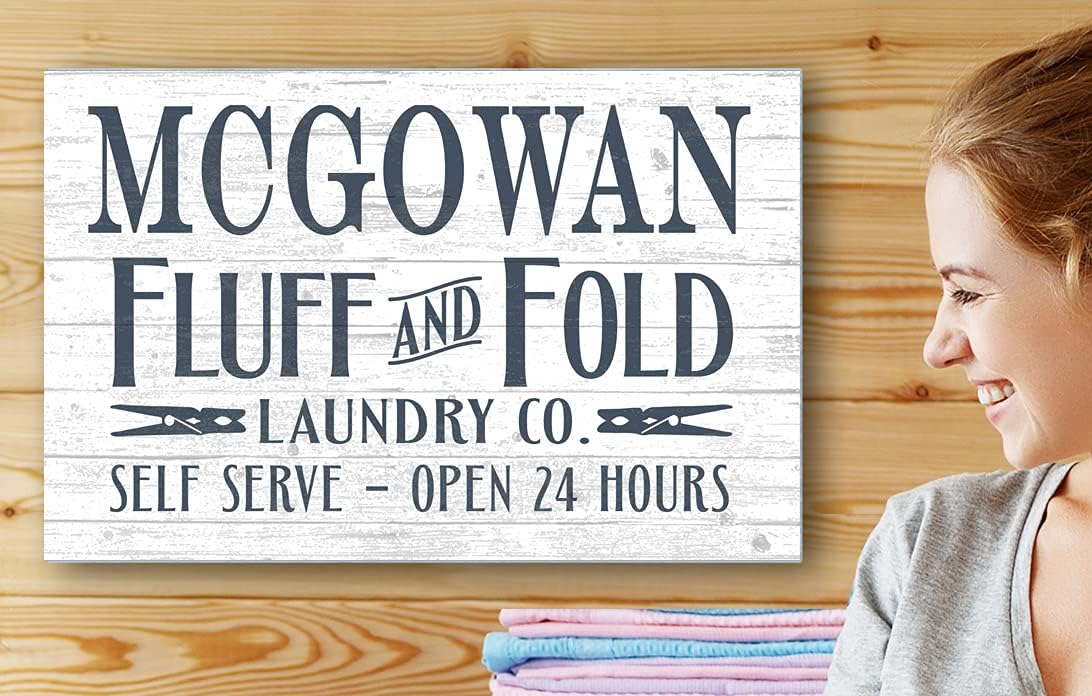 Fluff & Fold Laundry Sign Open 24 Hours Custom Wood Farmhouse Decor for Home, Anniversary, Wedding, Couples Gift Idea (Blue and White)