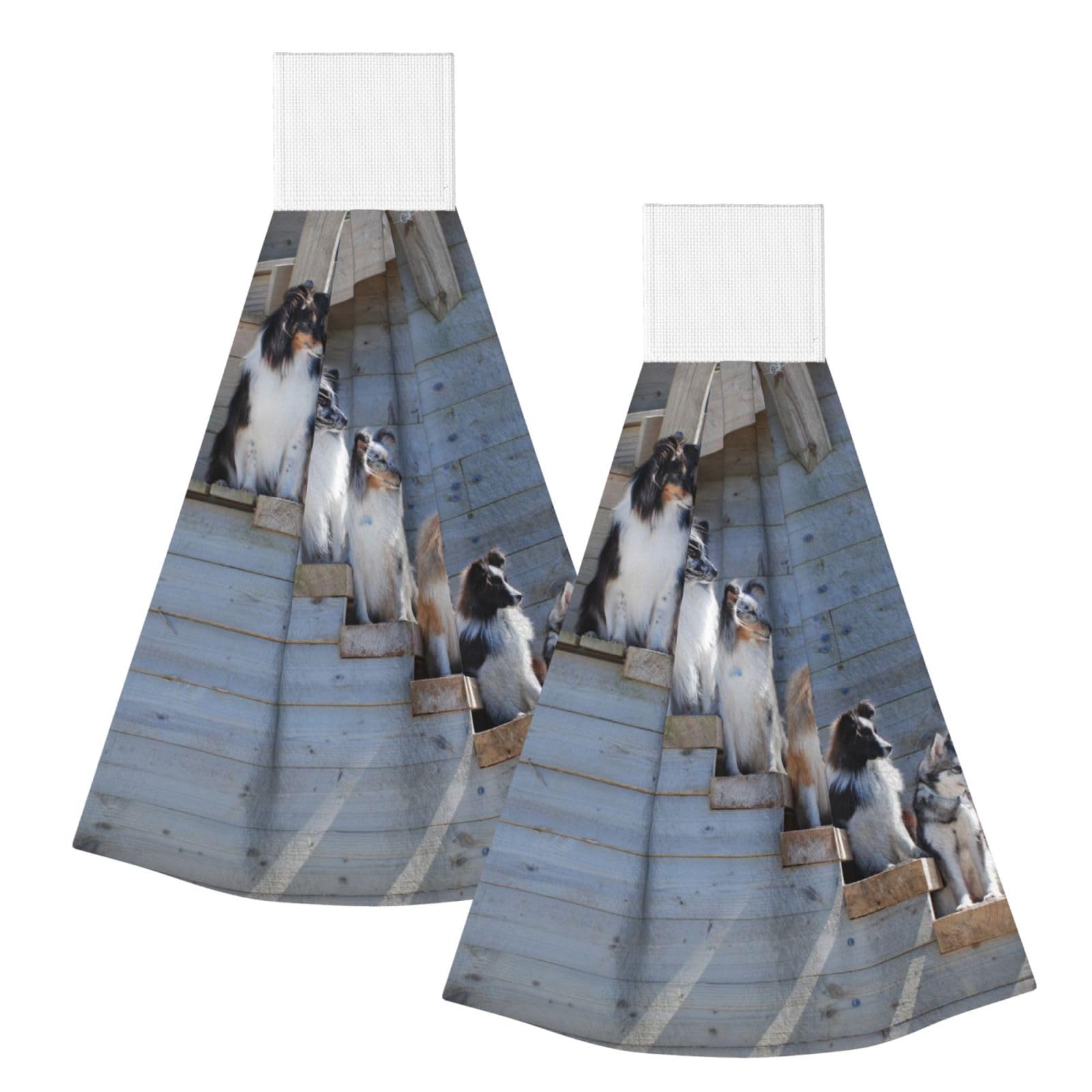 DOPKLNA Dogs Border Collie Shetland SheepDogs Alaskan, 2 Pcs Hanging Coral Fiber Hand Towels for Bathroom, Absorbent Kitchen Towels