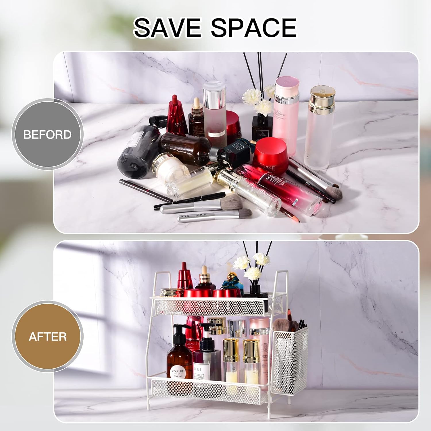 LEMIKKLE Countertop organizer for bathroom counter, bathroom organizers and storage, spice rack organizer for kitchen counter shelf with small basket(White)