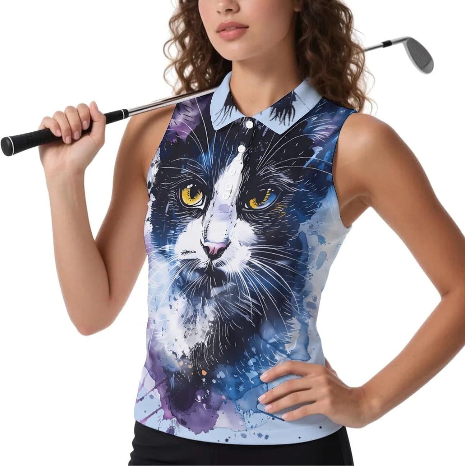 Watercolor Cat Women's Sleeveless Polo Tank Top Print T-Shirt Tops Casual Tops Summer Workout