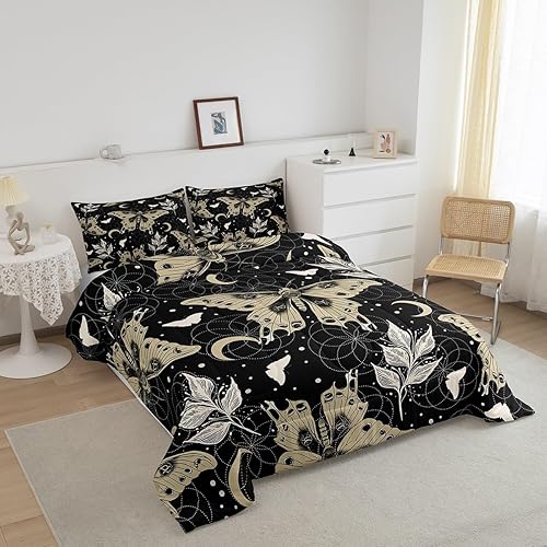 Miniatura 2 de Juego de edredón bohemio con diseño de mariposa y polilla de la muerte, juego de ropa de cama individual con luna estrellada, edredón geométrico en