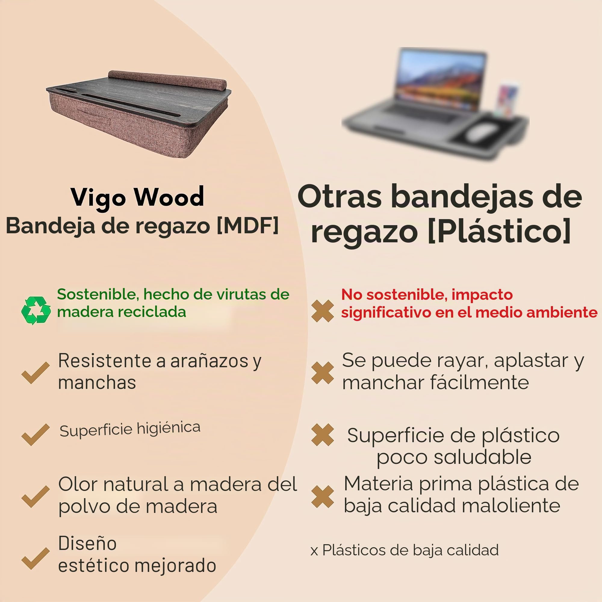 Vigo Wood Escritorio de Regazo XL de Madera con Cojín para Portátiles hasta 17,3'', con Soporte para Ratón, Tablet y Teléfono, Ideal para Cama y Sofá (Cambridge Y Marrón)