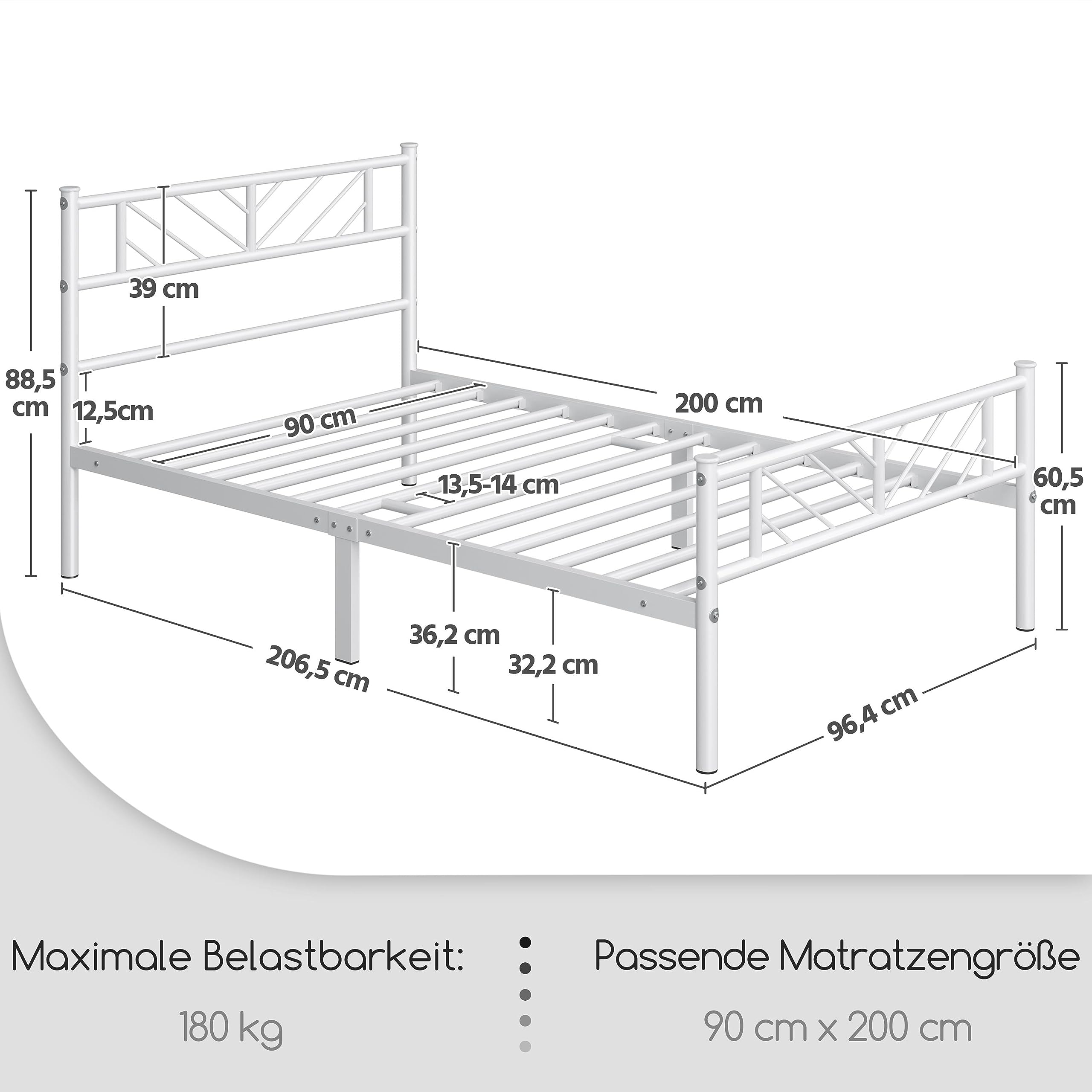 Yaheetech Metallbett 90 x 200 cm Minimalistischer Bettrahmen mit Kopfteil Gästebett mit Lattenrost für Schlafzimmer Gästezimmer 32cm Höhe unter dem Bett Weiß