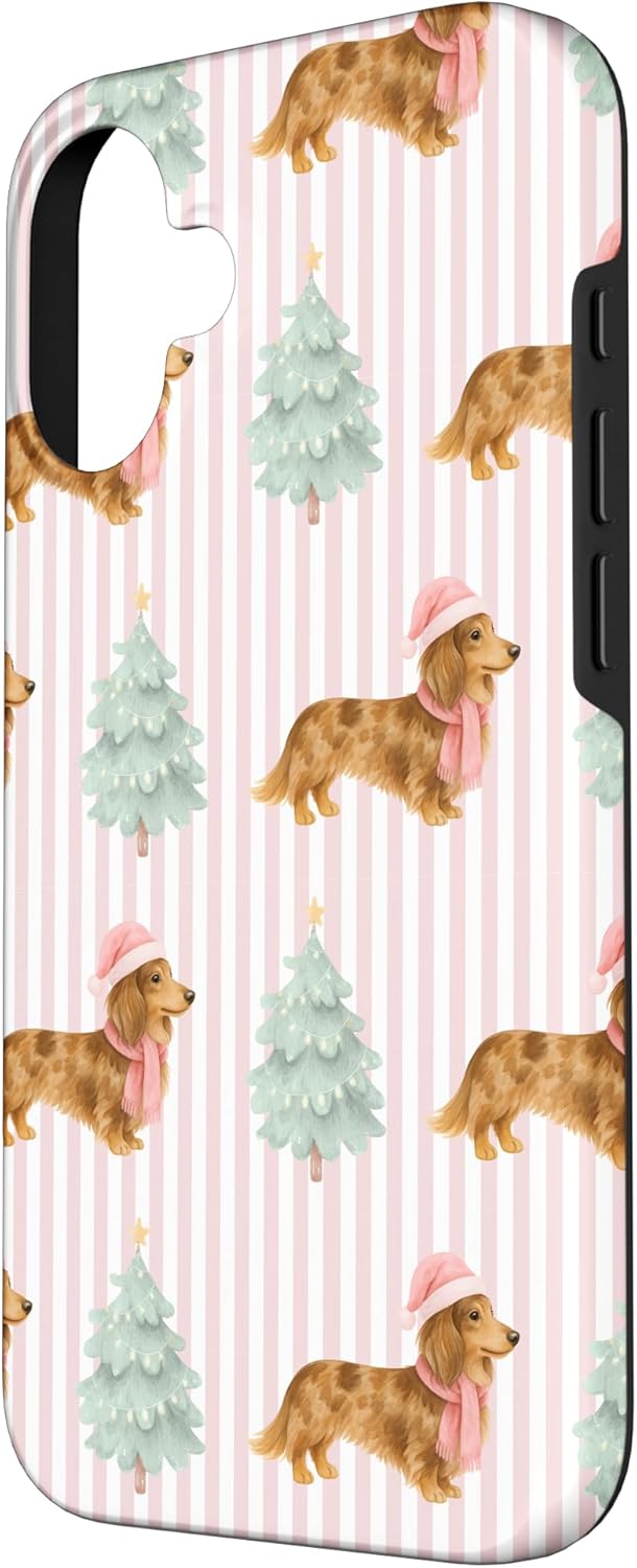 Brown Cream Dapple Dachshund Christmas Pink Stripe Pattern Case for iPhone 16