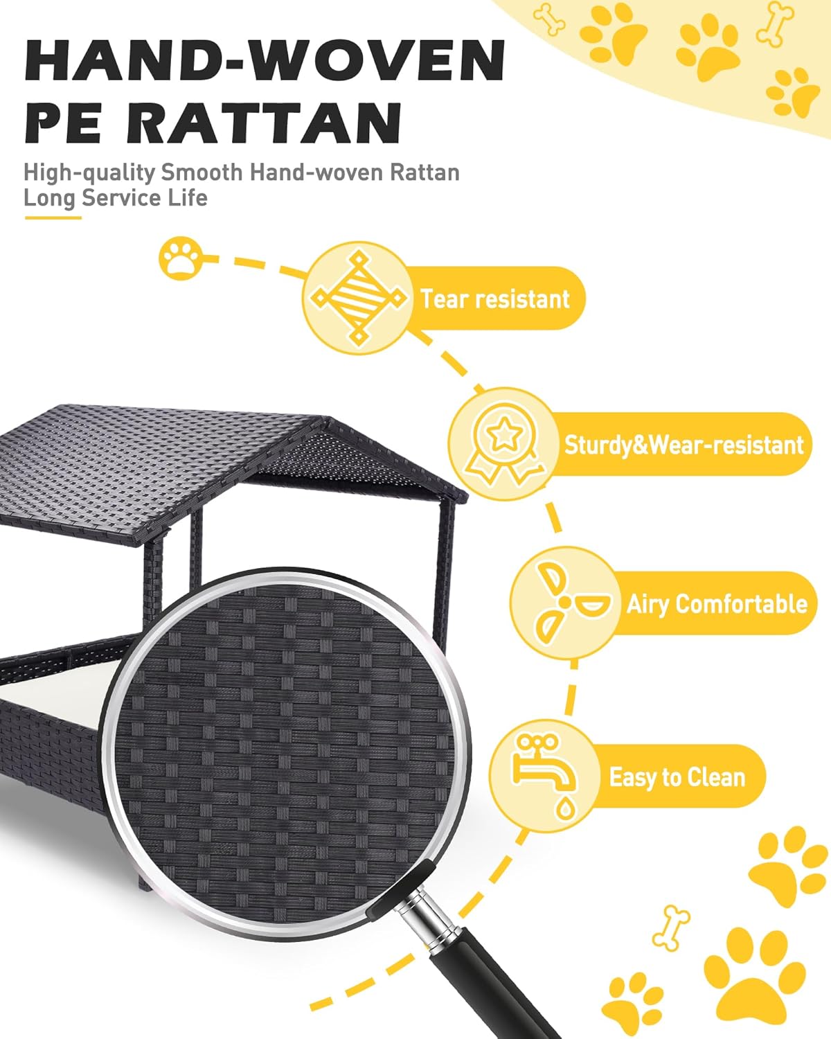 2-in-1 Outdoor Dog House, Rattan Dog Bed for Indoor/Outdoor with Removable Canopy, Removable Cushion &2 Covers, Elevated Raised Rattan Dog Bed for Small to Medium Dogs (White + Grey Covers)