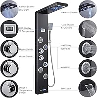 Vista 7 de MENATT Sistema de torre de paneles de ducha LED, sistema de panel de ducha de baño de acero inoxidable SUS304 con 4 chorros de cuerpo, lluvia, Negro