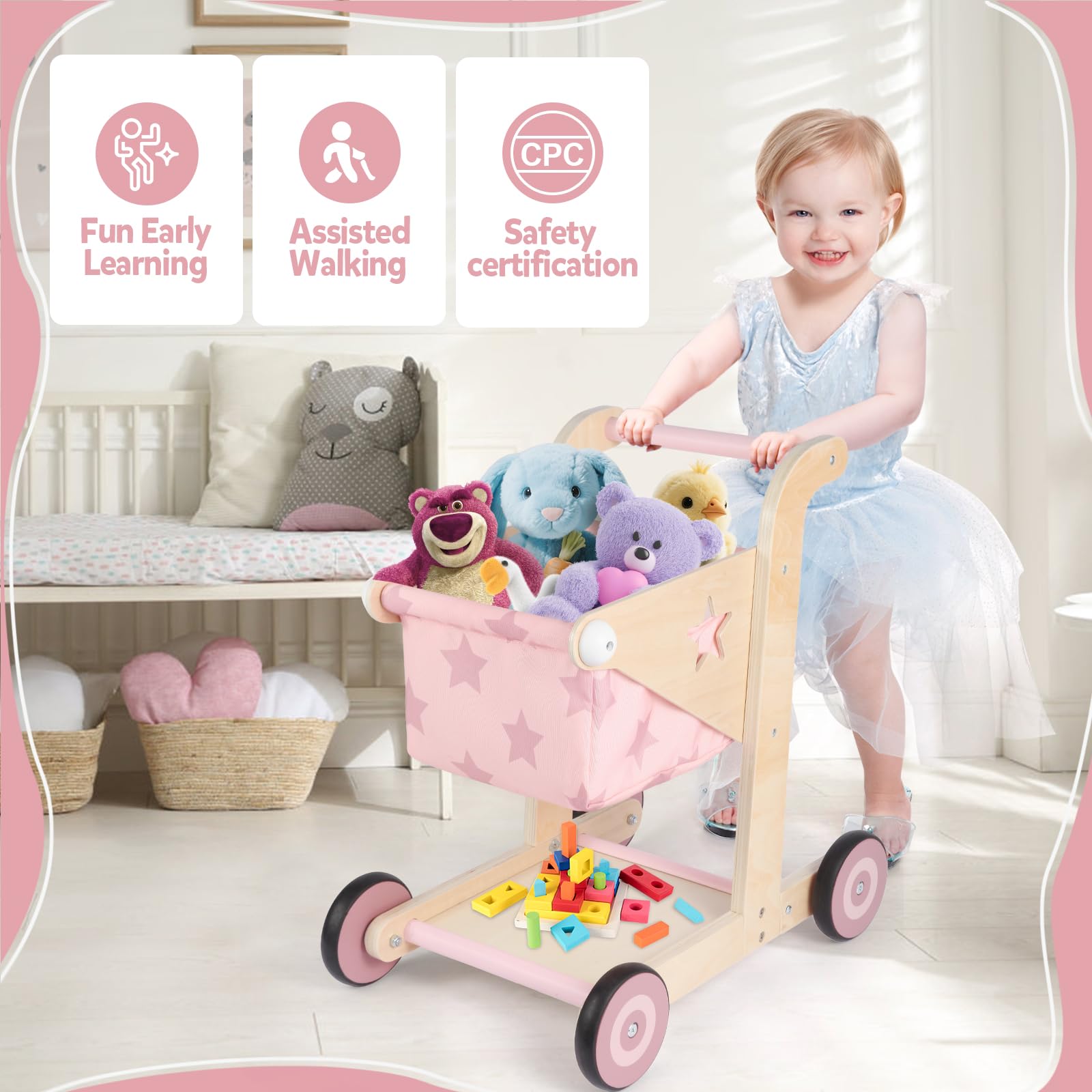 Asweets 2En1 Trotteur en Bois pour Bébé, Poussette pour Poupée, Chariot de Courses pour Garçons et Filles, Jouet d'Apprentissage Assis-Debout pour Tout-Petits (Rose)