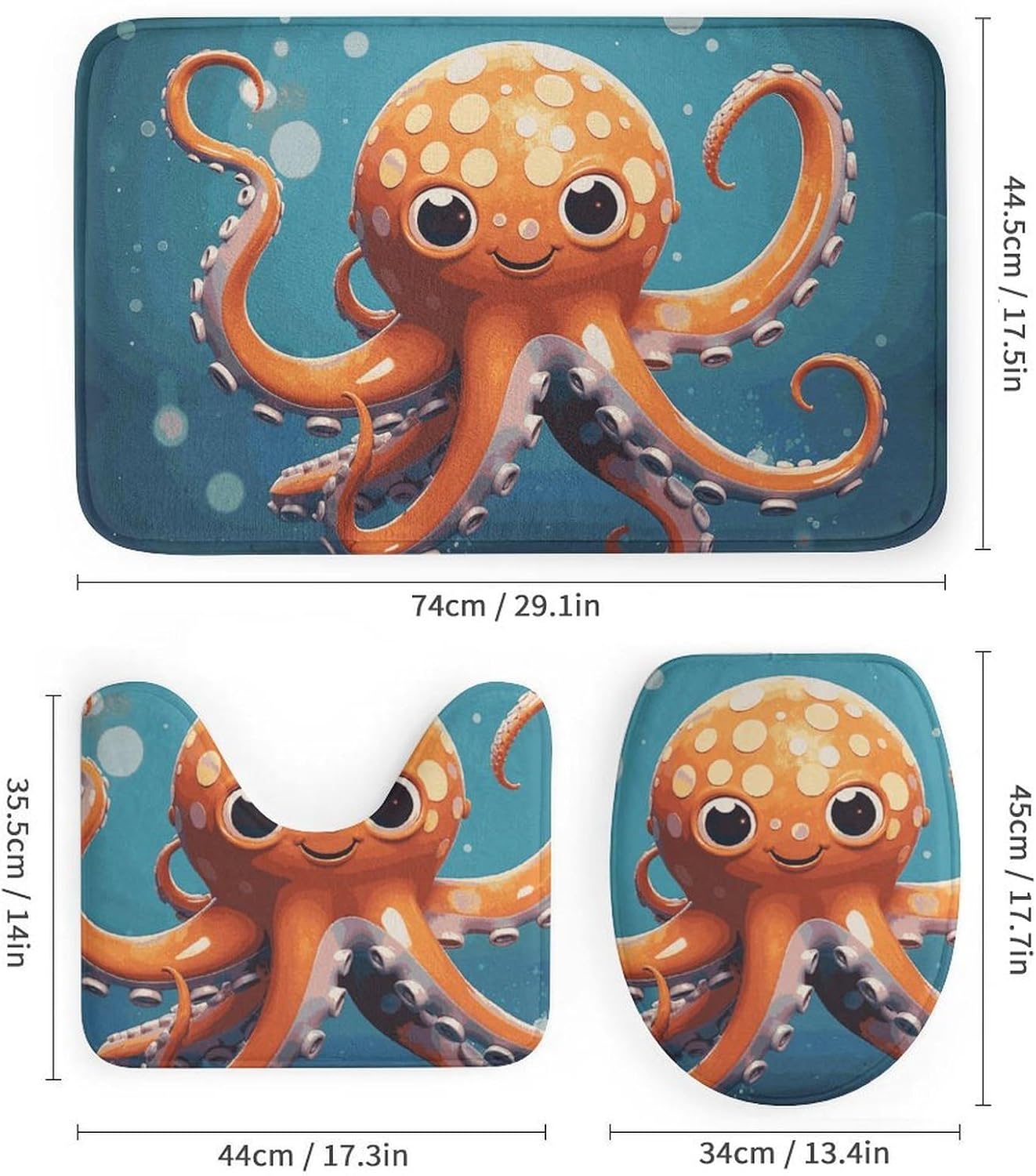 Cartoon Octopus Shower Curtain Set 4 Piece, Non-Slip Bath Mat with Toilet Lid Cover and Waterproof Shower Curtain with 12 Hooks, Complete Bathroom Set for Home Decor