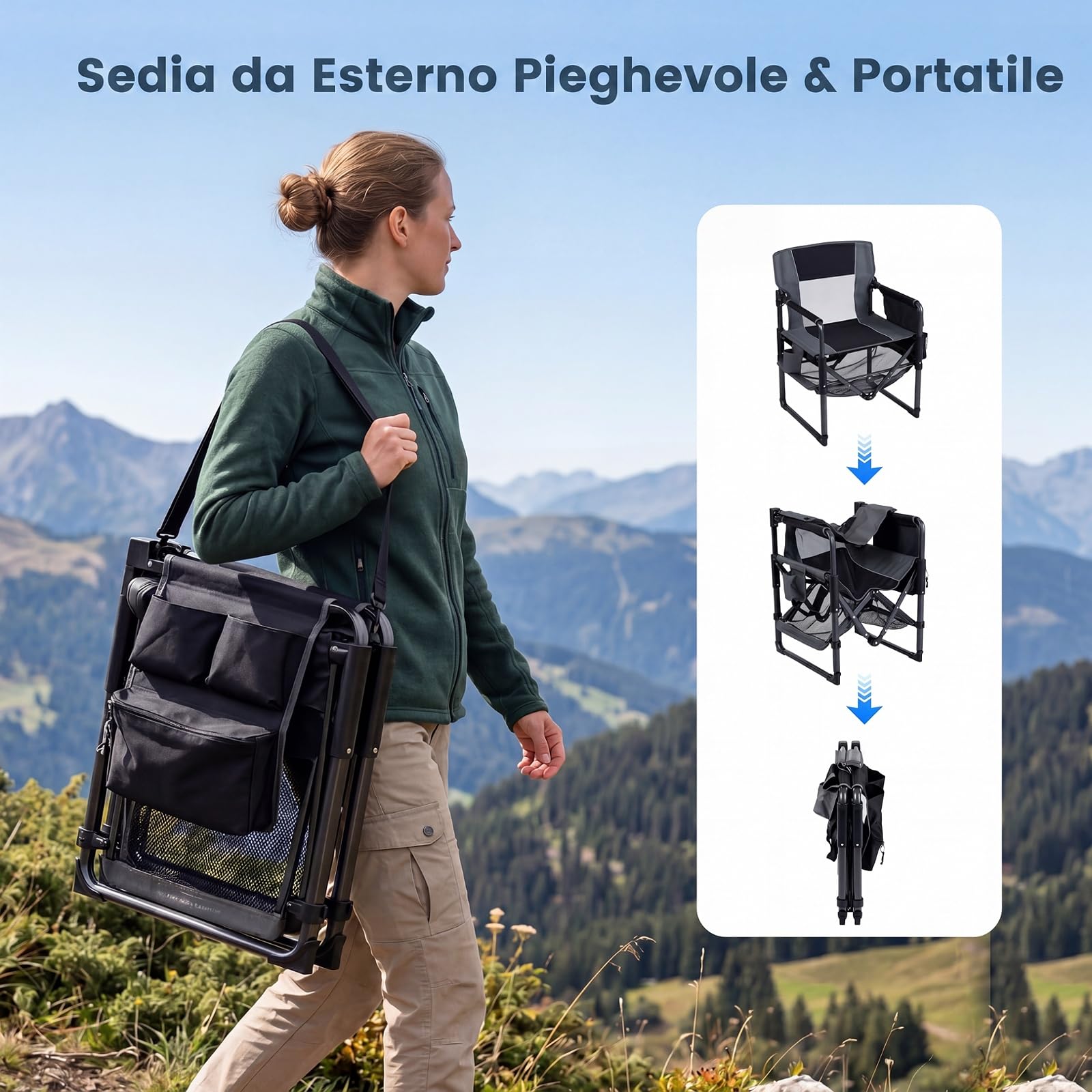 COSTWAY Sedia da Regista Pieghevole, Sedia da Campeggio in Metallo con Portabicchiere, Apribottiglie, Tasca Laterale e Rete Portaoggetti per Eventi Sportivi e Pesca, Portata 150 kg (Nero,1)