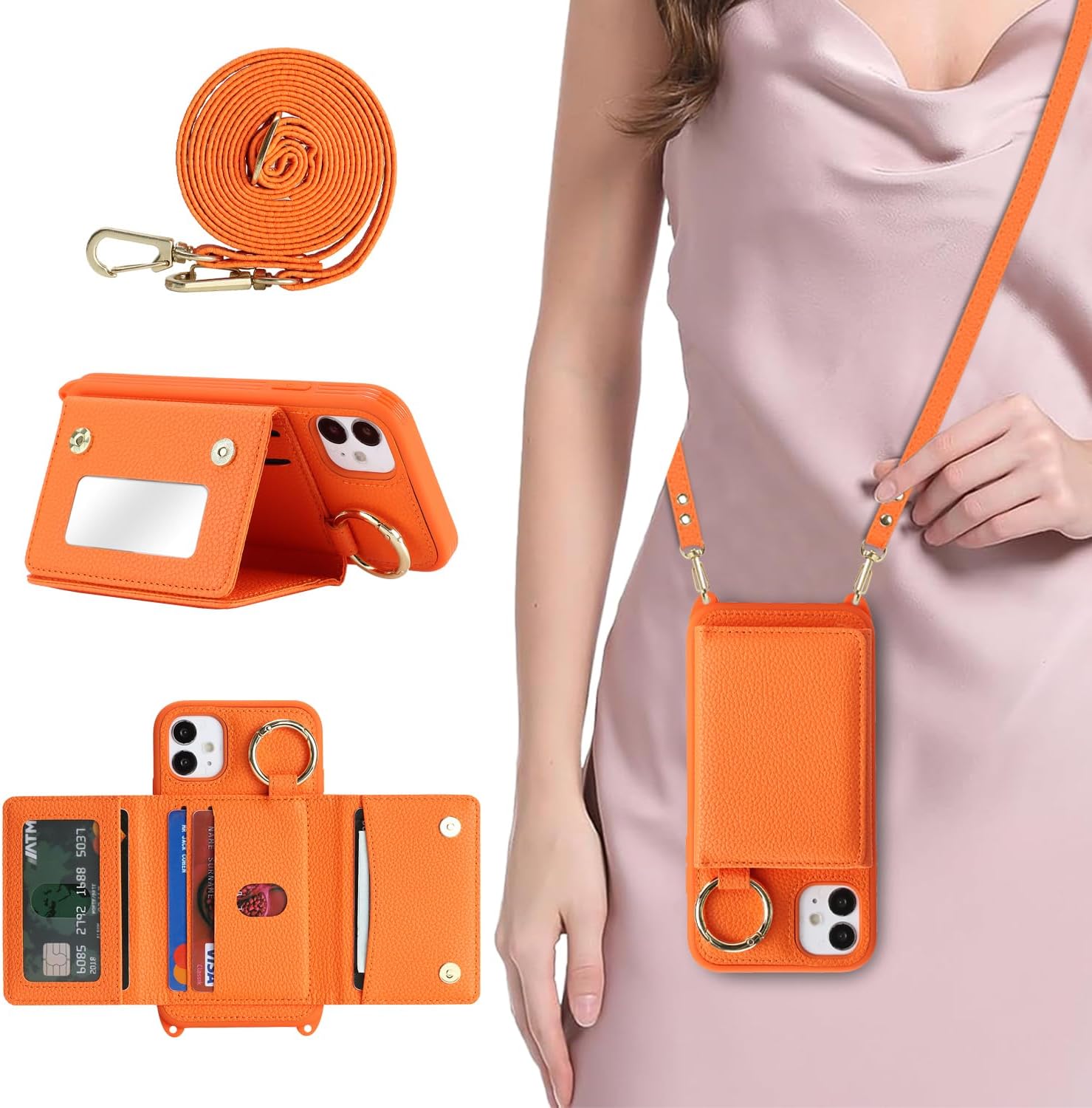 for iPhone 11 Case with Card Holder and Strap for Women,Crossbody Lanyard, Make Up Mirror,Ring Stand,Snap Clasp,Cute Phone Wallet Cases 6.1 inch - Off-White