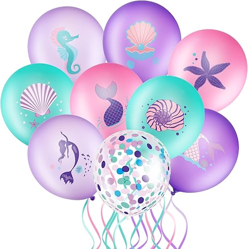 Zomiboo Juego de 36 globos de fiesta de sirena, globos de confeti de sirena, morado, rosa, verde, verde azulado para decoración de cumpleaños