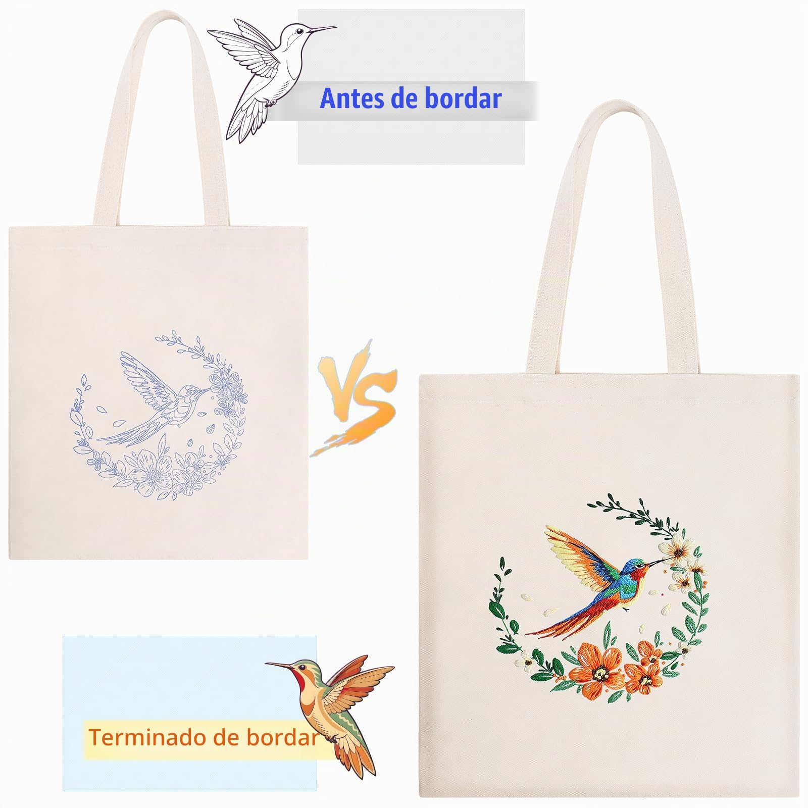 JSRQT Kit de Bordado para Bolso de Lona de Colibrí, Kit de Inicio Punto de Cruz Estampado de Flores para Principiantes Adultos, Bordado Bolso de Lona Artesanal con Herramientas, Aguja e Hilo, Beige