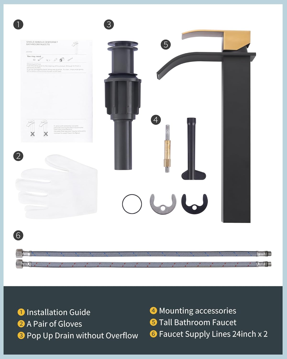 Vessel Sink Faucet Black and Gold: ARCORA Single Hole Tall Waterfall Bathroom Faucet, Single Handle Lavatory Vanity Tap with Pop Up Drain and cUPC Supply Lines - Image 7