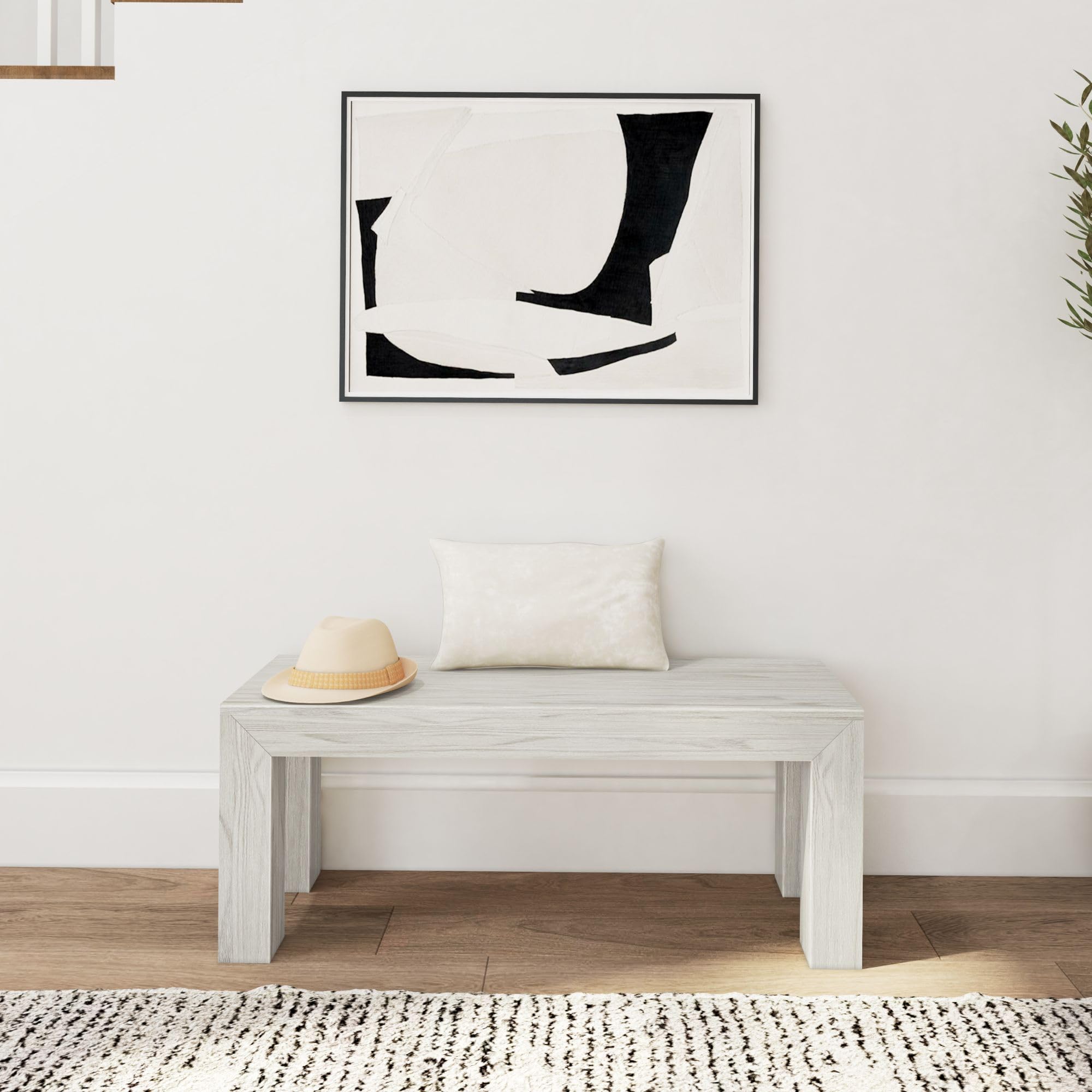 Plank+Beam Modern Dining Bench, 49 Inch, White Sand Wirebrush | Non-Toxic Finishes, Modern Design, Easy Assembly, Modern Style, Quick Setup, Solid Wood