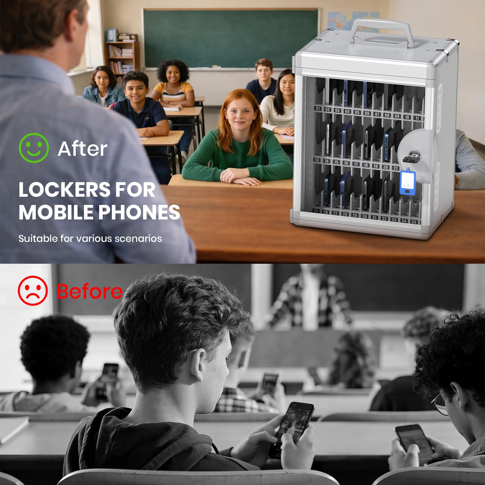 Glosen 36-Fach Handy-Schrank mit Schlüsselschloss, wandmontierte Handy-Aufbewahrungsbox mit USB-C-Ladeöffnungen