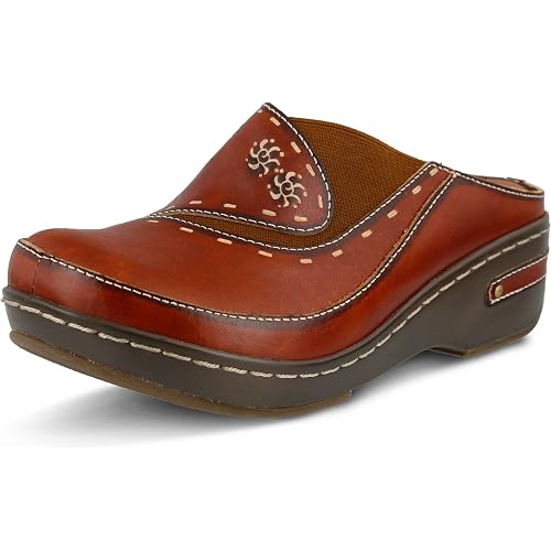 Spring Step L’Artiste Women’s Chino Leather Clog– Hand-Painted Open-Back Clogs Round Toe Elastic Side Arch Support Memory Foam with 2" Heel
