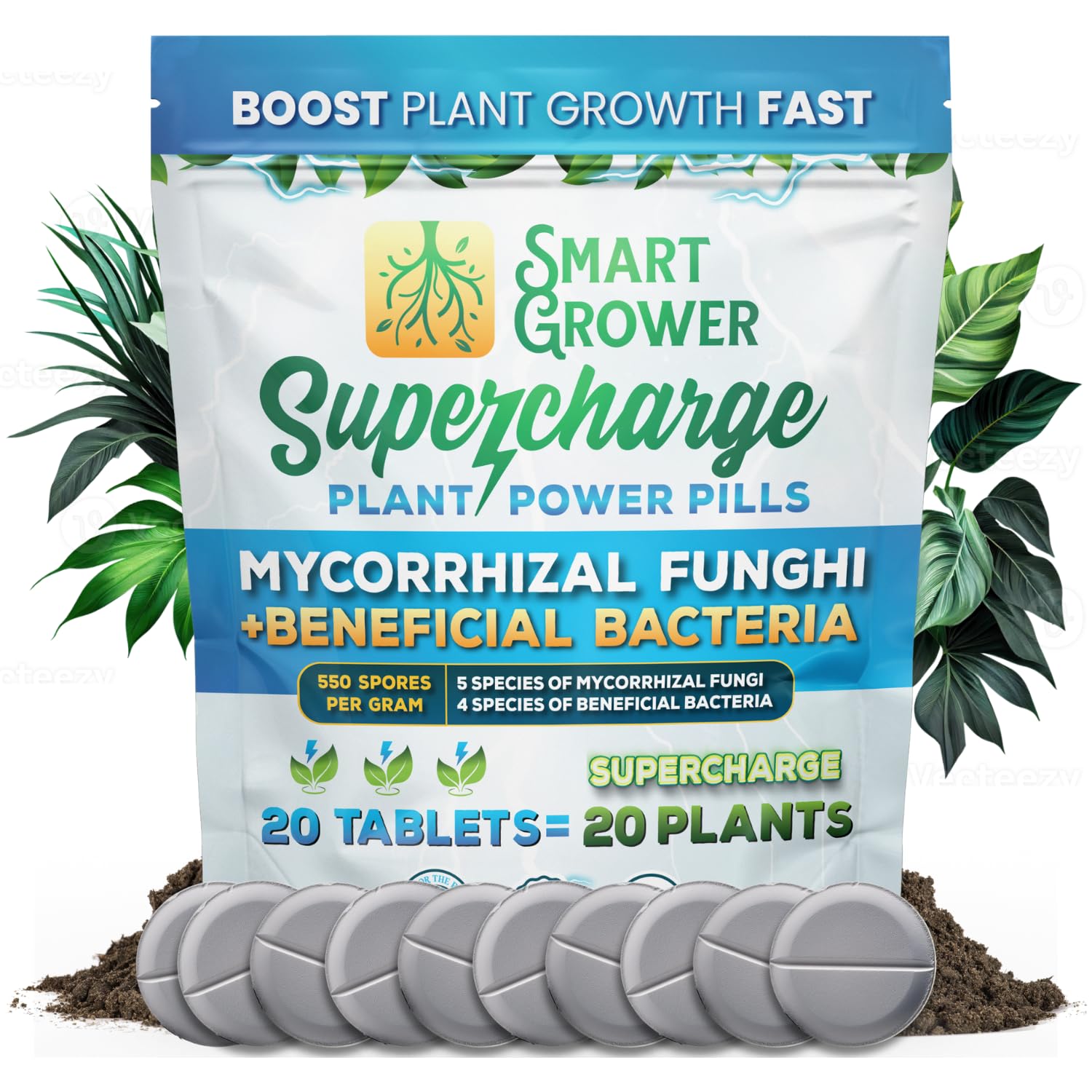 Mycorrhizal Fungi Tablets with Beneficial Bacteria, No-Mess, Easy to Use, Boost Plant Growth Fast, Natural Smart Grower Supercharge Plant Power Pills - 20 Tablets for 20 Plants