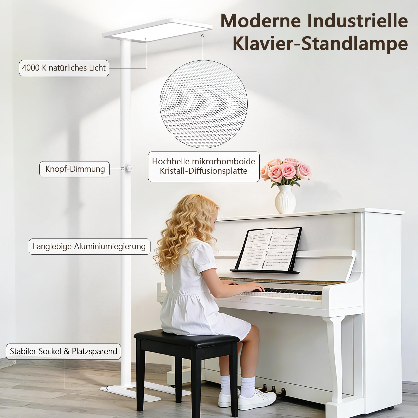 LES FLEURS 100W LED Stehlampe,9000lm Vollspektrum Augenpflege Leselampe, 195cm Stehlampe Dimmbar mit 4000K natürlichem Tageslicht, Stehlampe Wohnzimmer, Stehleuchte für Schlafzimmer, Studien und Büro