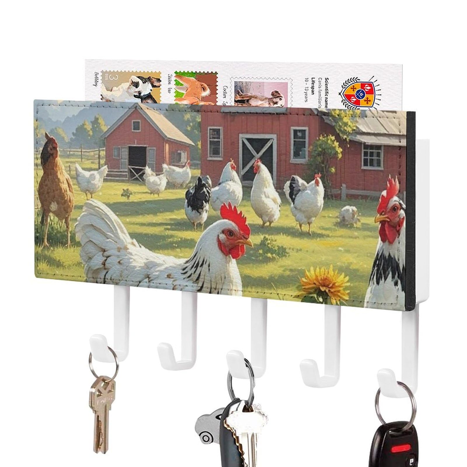 Fekiloot White-Style Chickens And Farm Key Holder Wall Mount Key Hanger With 5 Hooks Decorative Key Rack Hanging Key Hooks With Mail Organizer Key Holder For Wall Living Room Kitchen Bathroom Hallway White