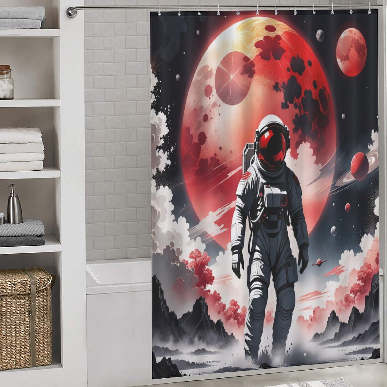 Rideau de douche astronaute contre les éclaboussures en tissu polyester lavable 152x183cm