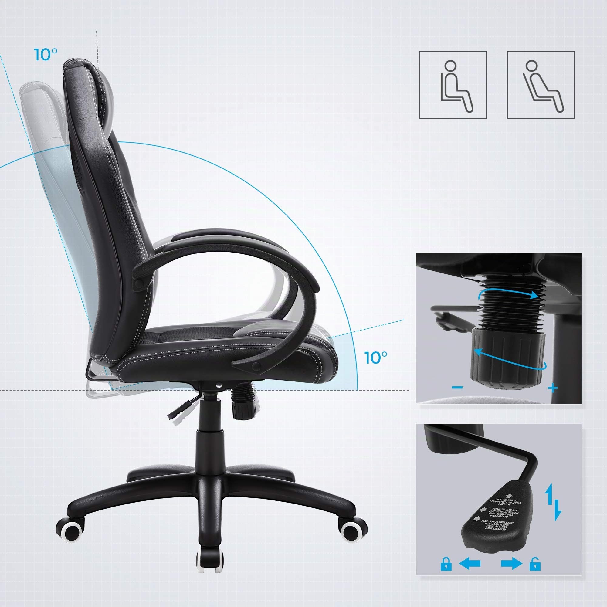 SONGMICS Fauteuil de Bureau, Chaise Gaming, Siège Ergonomique, pivotant, Hauteur réglable, mécanisme basculent, Noir et Gris OBG56BG