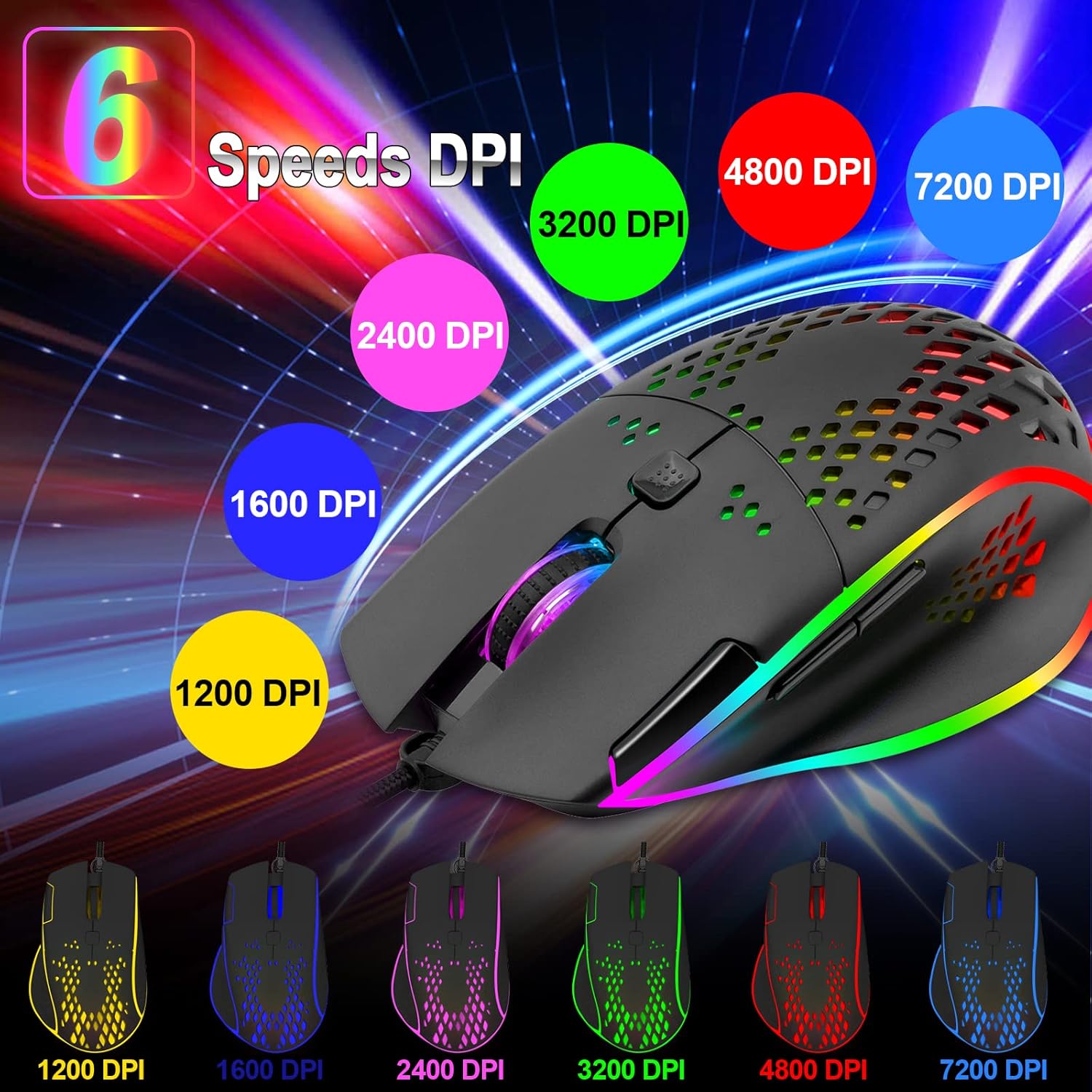 VEGCOO Wired Gaming Mouse, Programmable Optical Mouse with Double-Click Key, Silent Rechargeable Mice with RGB Led Light 6 Level Adjustable DPI PC Gamer Mouse for Laptop Mac Computer(Black)