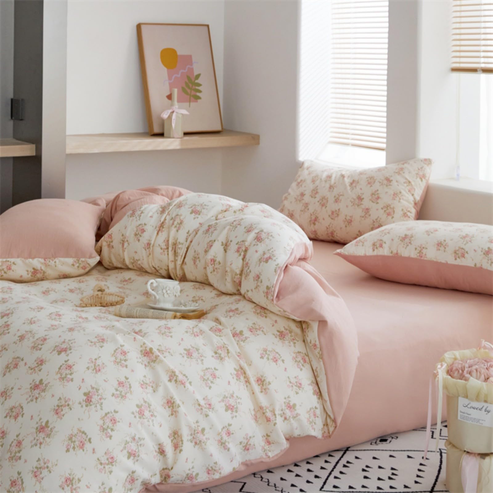 Freyamy Blumen Bettwäsche 135x200cm 2teilig Grün Weiß Blätter Pflanzen Wendebettwäsche Floral Mädchen Bettwaren-Sets 100% Microfaser Bettbezug mit Reißverschluss und Kissenbezug 80x80cm