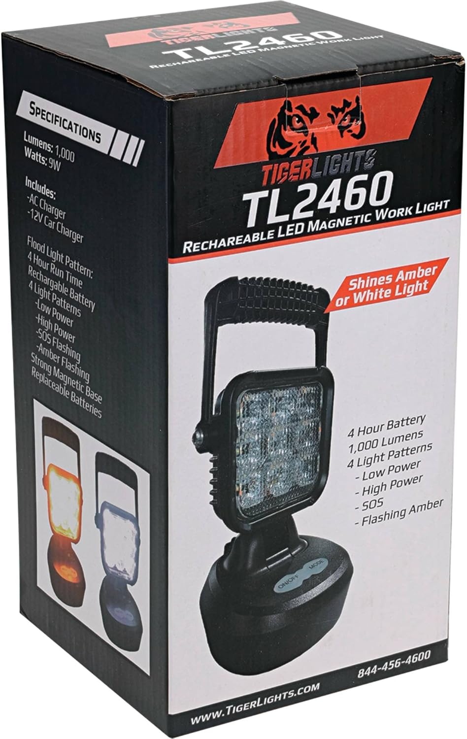 Tiger Lights TL2460 Rechargeable LED Magnetic Work Light 1000 Lumens, 3 3/8 Length, Flashing/Flood Off-Road Light