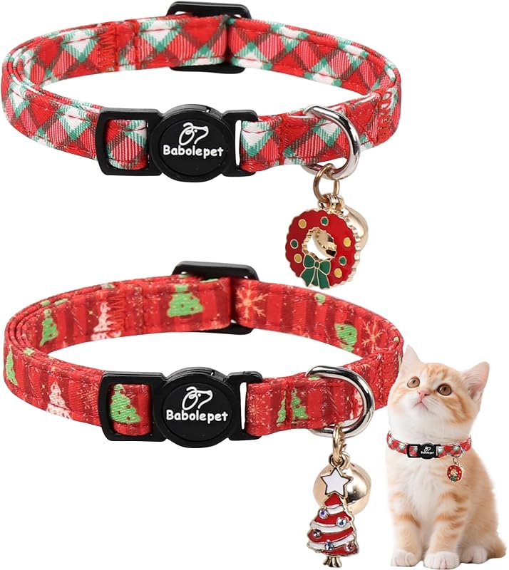 Coleira ajustável para gatos com fivela de segurança, sino e pingentes de Natal Babole Pet, Rosa e Xadrez, Pacote com 2