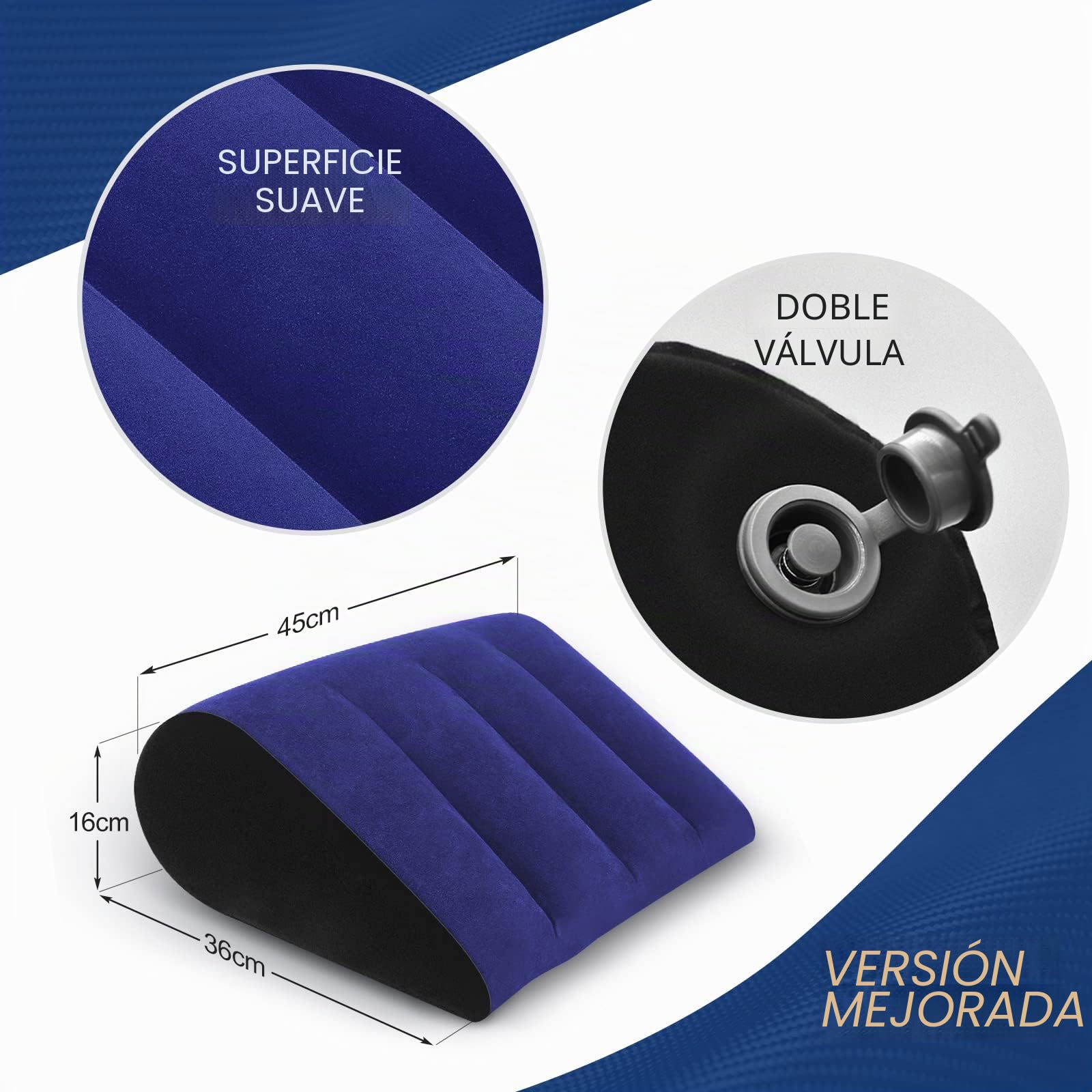 Cojín Cuña Hinchable Ajustable para Cama – Almohada Antirreflujo Adultos, Cojín Inflable para Piernas, Rodillas y Espalda, Portátil para Viaje, Playa y Camping (Azul)