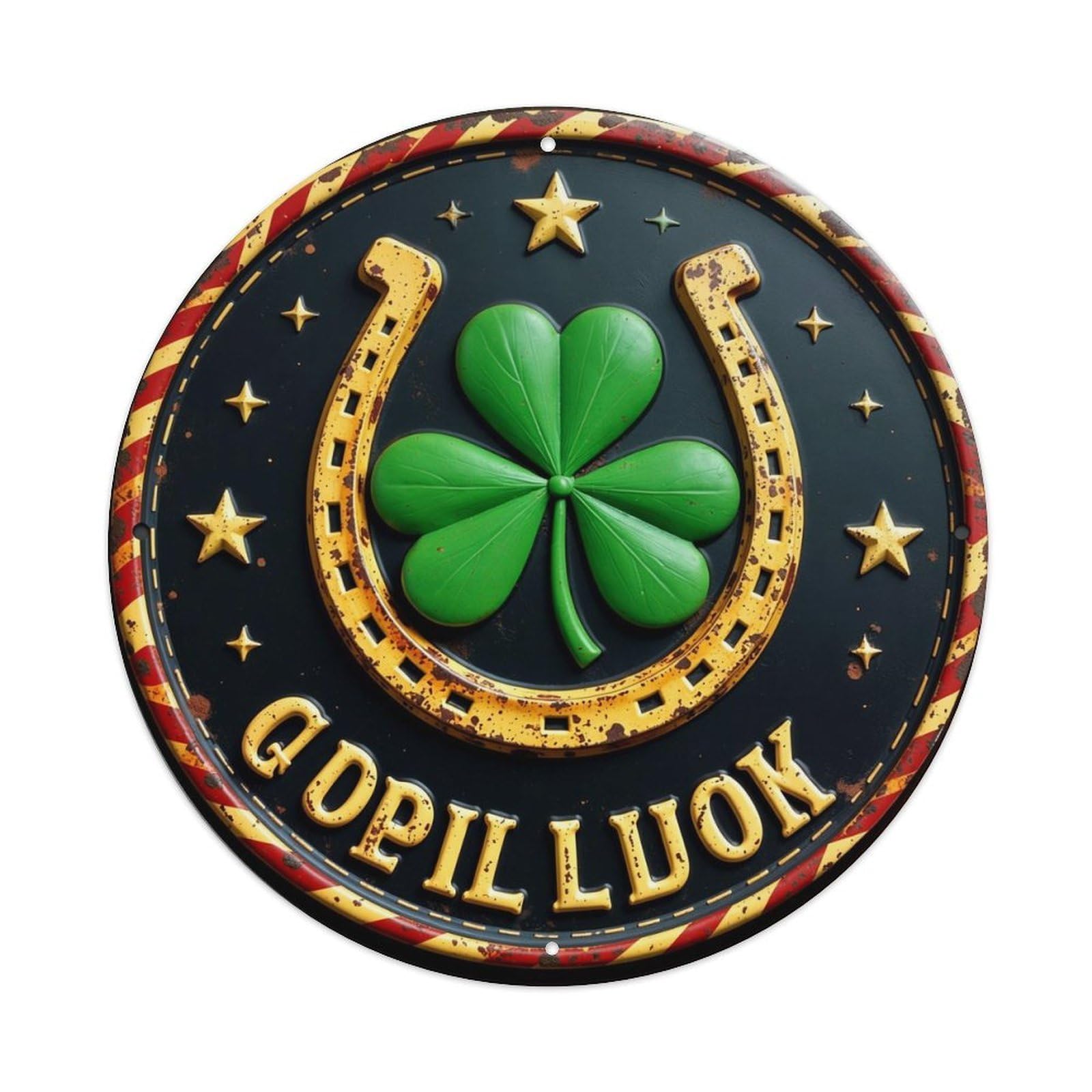 Horseshoe Clover Stars Luck Symbol Round Metal Tin Sign Vintage Wall Decor, Bar Garage Cafe Kitchen Home Wall Art Poster 8x8inches
