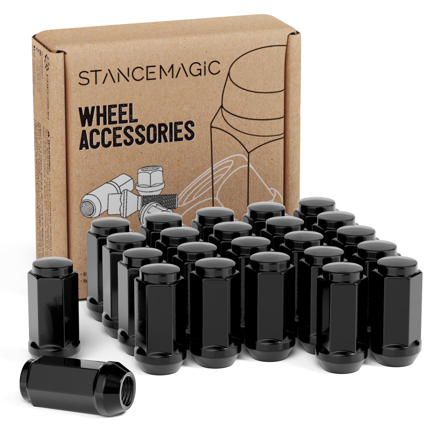 24pcs Black 14x1.5 Lug Nuts (51mm Length x 22mm Width) Bulge Cone Acorn Taper Seat - Compatible with 2018+ Jeep Wrangler JL, Ford Chevy GMC Buick Cadillac (for 6-Lug Wheels)
