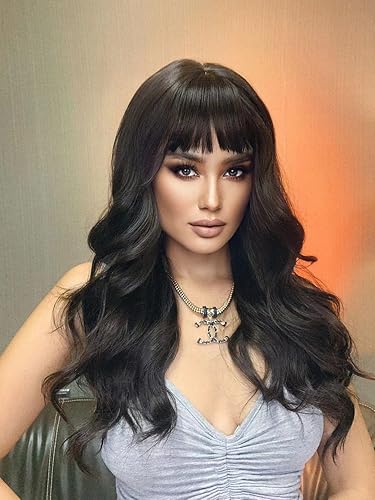 Miniatura 4 de ISHINE Pelucas negras para mujer, peluca sintética ondulada de 24 pulgadas de largo con flequillo, uso diario para fiestas de disfraces y cosplay de