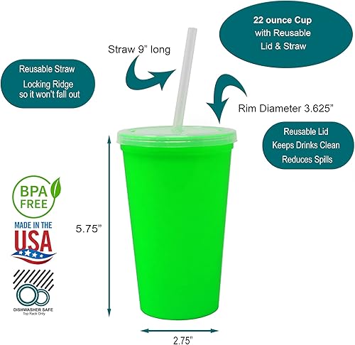 Miniatura 2 de Rolling Sands Vasos de Plástico Reutilizables de 22 oz con Tapas, Paquete de 10, Vasos Térmicos Verde Lima Fabricados en EE.UU. Incluye 10 Pajitas