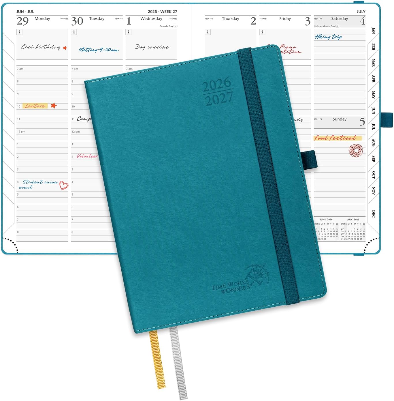 POPRUN Planner 2026-2027, 6.5" x 8.5", Academic Planner 2026-2027 Weekly and Monthly (July 26-June 27) Hourly Appointment Book with Inner Pockets, Leather Soft Cover, 100GSM - Pacific Green