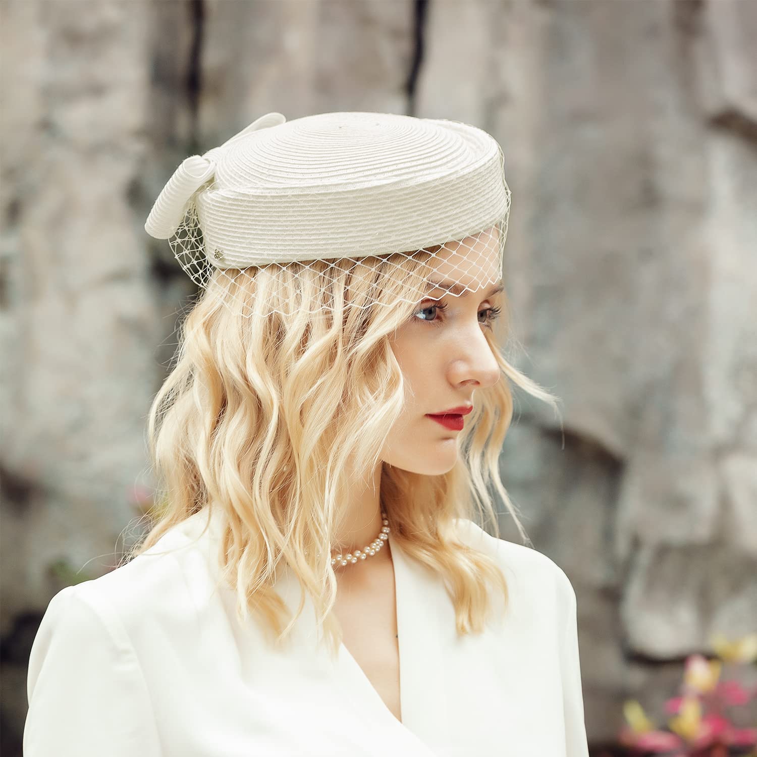 Straw Fascinator Vintage Hat Bow Veil Pillbox for Wedding Tea Party 20s 50s Headwear